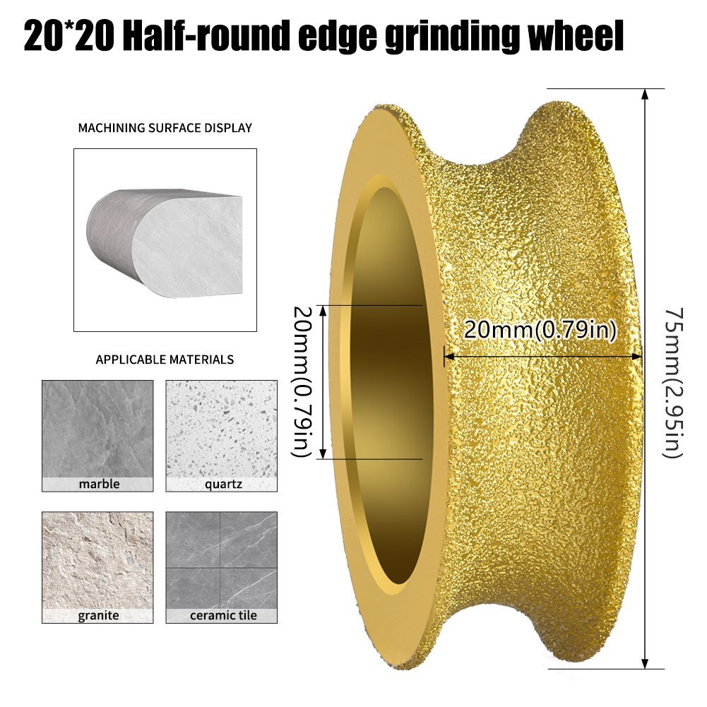 20mm Vacuum Brazed Diamond Profile Grinding Wheel | Half-Round Bullnose Edge Router Bit for Marble, Granite, and Quartz - Image 2