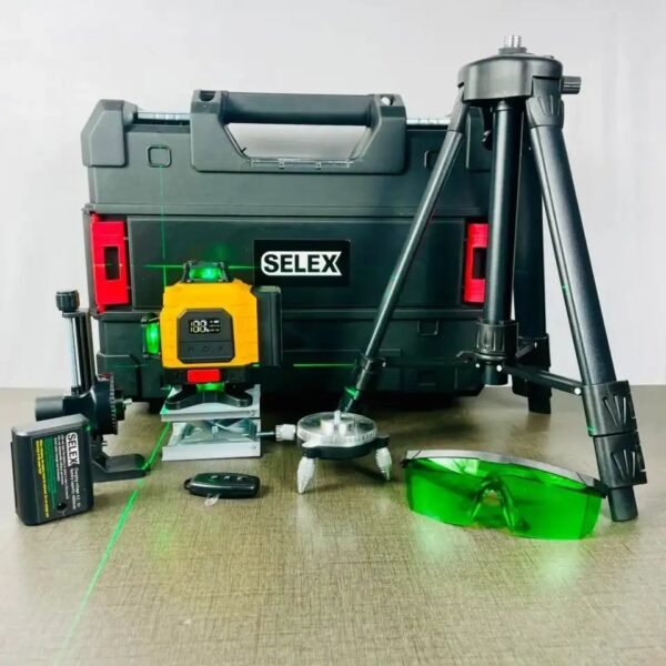 Selex Rechargeable 16 line Green Laser Level Kit with Tripod – 2 Batteries | High Precision Self-Leveling Tool